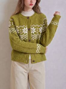 Alicedudu Women's Autumn/Winter Atmosphere Pattern Round Neck Wool Blend Cardigan Sweater - Green - View 6