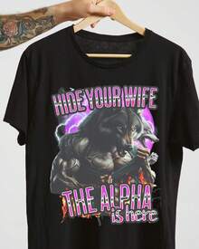 Funny Alpha Wolf Meme T-Shirt: Vintage 90s Style Top Work Wear Women - 黑色 - 查看 1