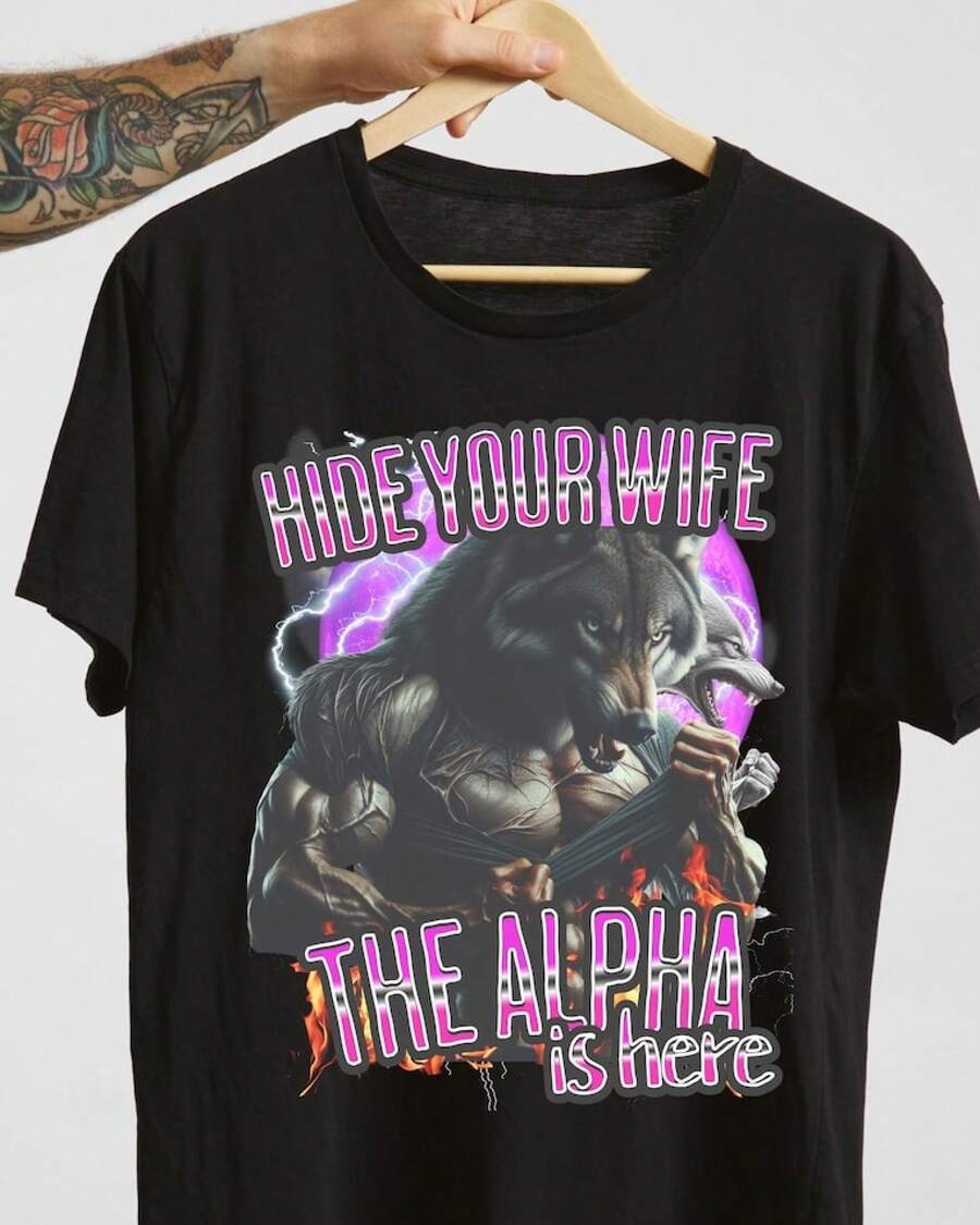 Funny Alpha Wolf Meme T-Shirt: Vintage 90s Style Top Work Wear Women - 黑色 - 查看 1