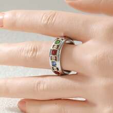 Light Luxury Contrast Color Women's Ring, Inlaid With Multi-Color Square Synthetic Zirconia Handmade Accessory, Perfect For Daily, Party, Banquet, Photography, Elegant Birthday Holiday Gift Jewelry - Silver - View 6