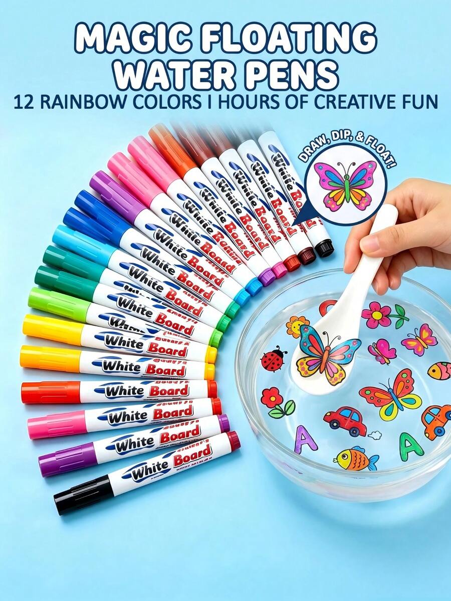 8/12/20pcs Magic Watercolor Pen Set With Spoon, Floating Ink Markers, 12 Colors Kids Doodle Tools, Floating Marker Toy Gift For Boys And Girls Aged 3-12, Washable DIY Creative Educational Toy Colored Pencils, School Supplies, Back To School (Some Colors Random)