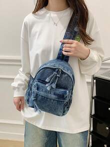 Denim Backpack For Female College Students, Simple Large Capacity Backpack, Essential Chest Bag For Women Commuting And Traveling - Dark Wash - View 6