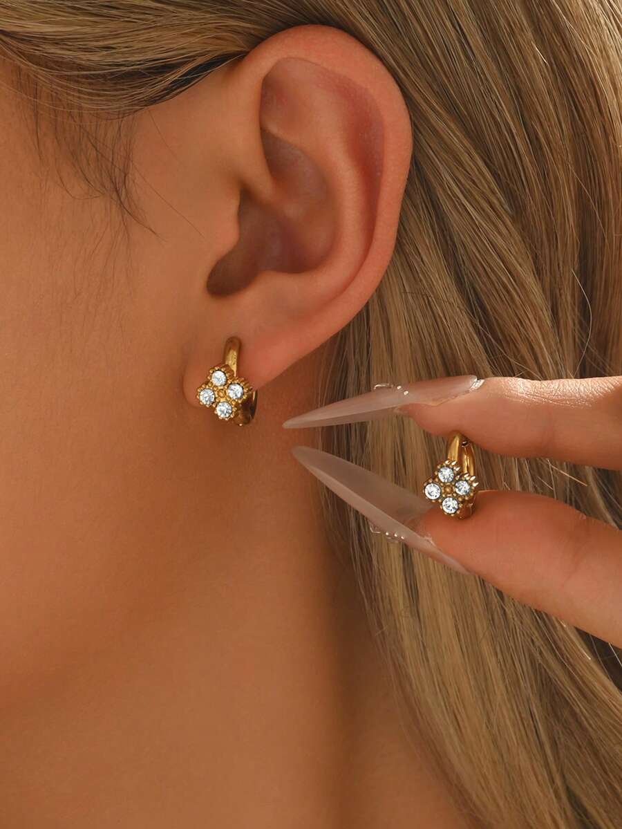 1 Pair Minimalist Stainless Steel Clover Hoop Earrings, Zirconia Clover Stud Earrings, Elegant For Women's Daily Wear And Dating - Gold - View 1