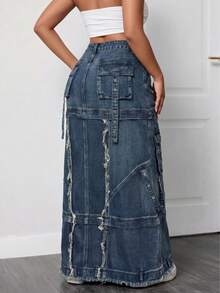 Rok Jeans Wanita Pinggang Tinggi Denim Robek Maxi - Biru - View 4