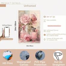 1 peça de tela sem moldura 2D plana, pintura artística de rosa cor-de-rosa e frasco de perfume, decoração de parede em tela, adequada para casa, escritório, sala de estar, quarto e café - presente perfeito para Halloween, Natal, estética vintage - C - Ver 11
