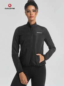 Qualicos Women's Full Zip Breathable Lightweight Cycling Jacket, Outdoor Sports Reflective Long Sleeve Sports Shirt With Reflective Strips And Back Pocket - Black - View 2
