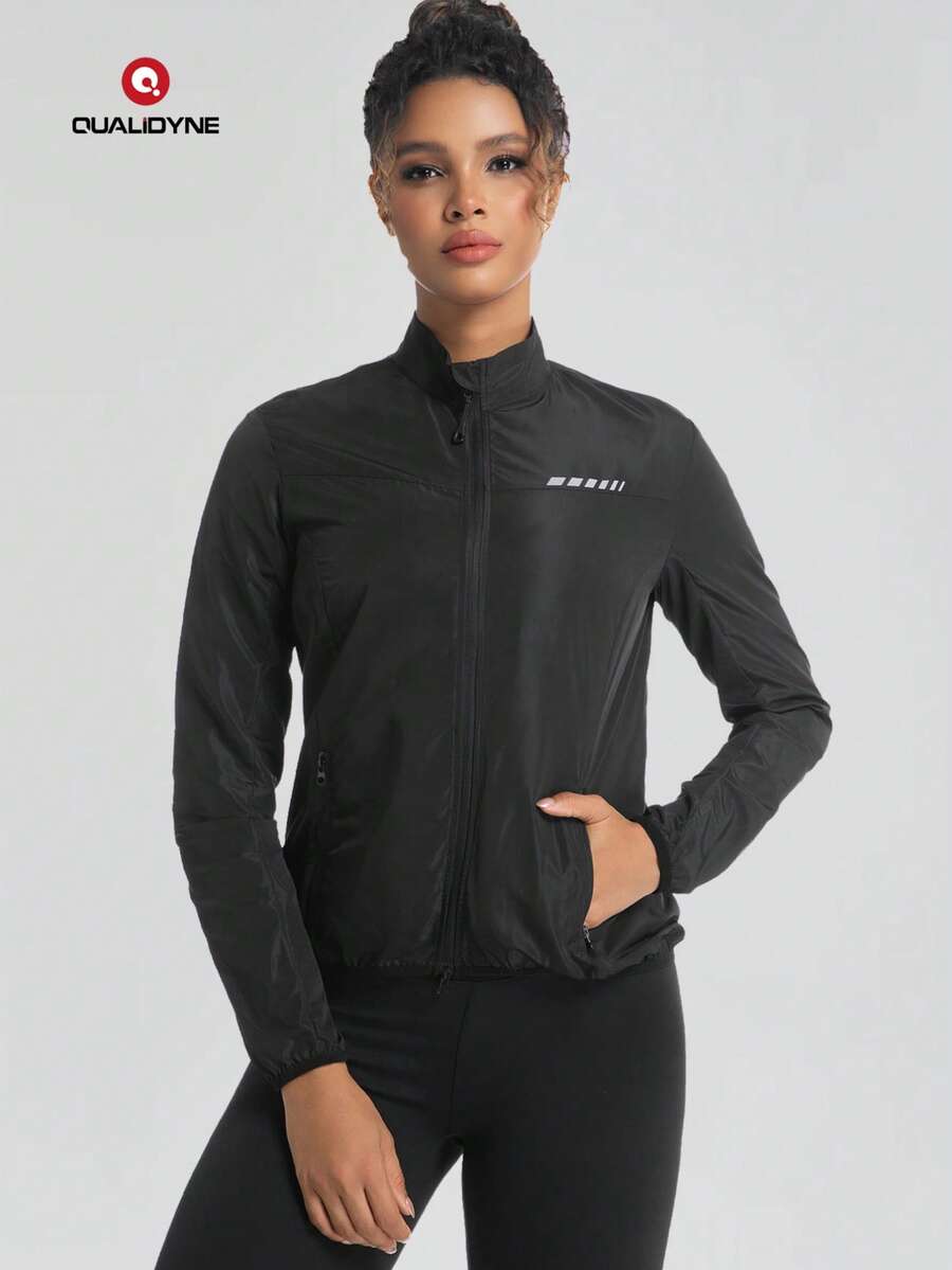 Qualicos Women's Full Zip Breathable Lightweight Cycling Jacket, Outdoor Sports Reflective Long Sleeve Sports Shirt With Reflective Strips And Back Pocket