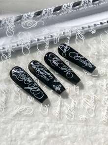 1pc Luxury Vintage Cursive English Nail Art Sticker, Featuring Cursive English Phrases And Minimalist Line Butterfly Decorative Elements, Suitable For Mature Commute, French Date, Evening Party, Wedding Dress Styling, Aesthetic Outfits, Etc., DIY Use For Career Women, Nail Art Enthusiasts, Press-On Nail Shop Owners, Wedding Nail Artists Nail Stickers - White - View 4