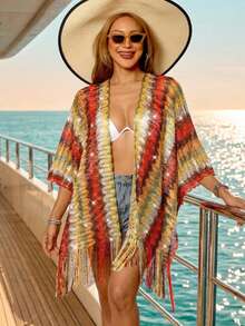 2026 New Women's Bohemian Vintage Zigzag Pattern Cover-Up, Tassel Hem Front Opening Beach Cover-Up, Crochet Colorful Tassels Red Vacation Summer - Red - View 2