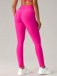 KyrLssu Celana Panjang Ketat Wanita Pinggang Tinggi, Celana Slim Polos untuk Padu Padan Pakaian Sehari-hari - Hot Pink - View 4