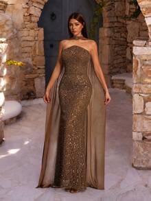 VIPGIRL Elegante vestido de noche de lentejuelas marrones - Silueta entallada sin tirantes y capa superpuesta de gasa transparente | Ideal para eventos formales de alta gama y ocasiones especiales como bodas y fiestas de primavera - Mostaza Amarilla - Ver 4