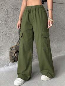 1pc Girls' Teen Casual Outdoor Loose Straight Leg Multi-Pocket Cargo Pants, School Style, Spring Summer Autumn Winter, Back To School Season - Army Green - View 4