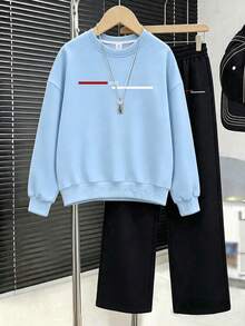 Big Boys Red & White Striped "King" Letter Print Crew Neck Sweatshirt & Pants Set, Autumn/Winter Fashion Comfortable New Style - Multicolor - View 3