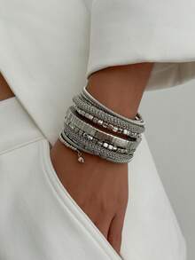 1pc Bohemian Vintage Multi-Layer Wrapped Beaded Bracelet, Gold Adjustable Spring Bracelet, Suitable For Women's Daily And Party Wear, Holiday Gift - Silver - View 2
