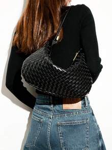 Dedoo European & American Style Woven Large Capacity Solid Color Dumpling Handbag - Black - View 5