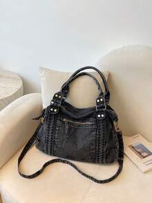 Bolso Tote de Mezclilla Lavada para Mujer con Ribete Trenzado, Remaches Metálicos, Correa Cruzada Desmontable, Gran Capacidad, Vintage Casual para Escuela, Uso Diario, Compras y Viajes - Negro - Ver 6