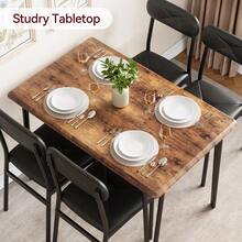Space-Saving Dining Table Set For 4 – 5-Piece Modern Rectangular Table & PU Leather Padded Chairs – Sturdy Metal Frame – Waterproof Tabletop – Ideal For Small Spaces, Apartments, Home Office - Brown - View 2
