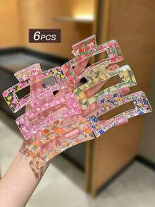 6pcs Women's Colorful Square Hair Clips With Fruit, Flower, Butterfly Print Elements. Sweet And Cute Style, Large Claw Clips, Summer Vacation Accessories, Women's Hair Accessories. Suitable For Daily Casual Outings. Summer Accessory Set, Hair Accessories, Women's Accessories, Back To School Hair Accessories, Beach Accessories. Elegant Claw Clips. - View 3