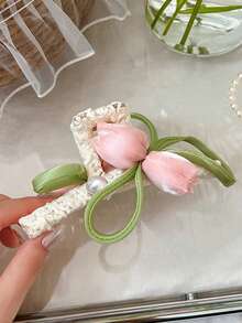 1 pieza Nuevo clip de cabello con forma de tulipán para primavera/verano, elegante clip de cabello de malla de jacquard blanco, lujoso clip de cabello con flor de encaje de perlas, accesorio de cabello superior etéreo y dulce, versátil para uso diario, viajes, citas - Multicolor - Ver 4