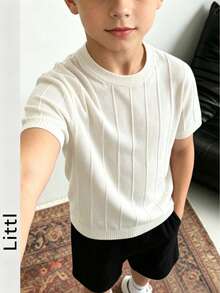Kaos Rajut Lengan Pendek Bergaris Vertikal untuk Anak Laki-laki, Kerah Bulat, Potongan Slim Fit, Atasan Rajut Dasar, Warna Polos, Atasan Kasual Musim Panas untuk Anak-anak, Cocok untuk Pemakaian Sehari-hari - Aprikot - View 8