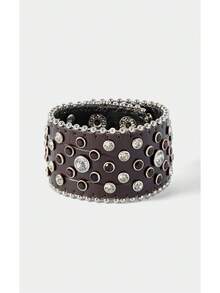 Noxbound 1pc Rhinestone Embellished Wide Retro Western Wasteland Biker Leather Cuff Bracelet - Bracelet - View 12