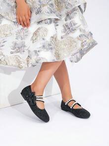 Spring/Autumn New Girls' Pearl Solid Color Fashion Minimalist Party Dance Flat Shoes - Black - View 5