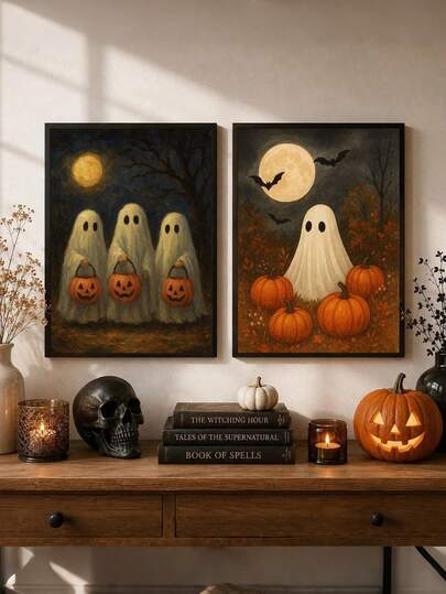 1/2 piezas Pintura al óleo por números de Halloween, calabazas y fantasmas, artesanía en lienzo para principiantes adultos, decoración de pared sin marco para el hogar, regalos para fiestas de Halloween.