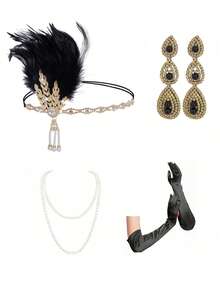 1920年代 Flapper 風格服飾配件套裝，適用婚禮派對活動，含 20s Flapper 頭帶、復古珍珠項鍊、手套，復古風 - 彩色 - 查看 46
