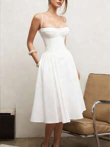Vestido de mujer de unicolor, sexy, con tirantes finos, silueta ajustada que favorece la figura, vestido elegante, adecuado para playa, vacaciones, boda, fiesta, festival de música, vestido de verano blanco - Blanco - Ver 7