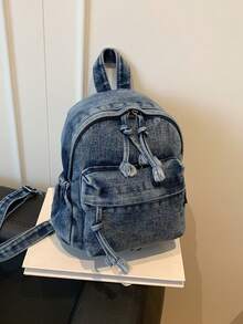 Denim Backpack For Female College Students, Simple Large Capacity Backpack, Essential Chest Bag For Women Commuting And Traveling - Dark Wash - View 9