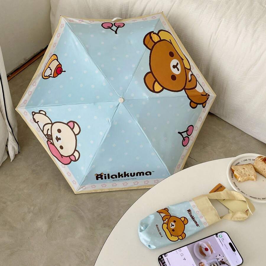 San-X Rilakkuma Authentic Cartoon Relaxed Bear Mini 5-Fold Umbrella, Cute 3D Bear Doll Sun Protection Parasol - Multicolor - View 1