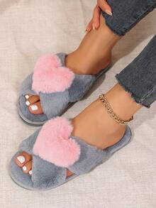 Ins Soft Style Cross Strap Heart Slippers Sweet Indoor Warm Fuzzy Slides - Grey - View 3