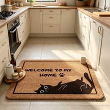 1pc Black Border Slouchy Cat Paw Print Funny Slogan "WELCOME TO MY HY HE" Doormat, Bestselling Popular Minimalist Cute Pet Flannel Rectangular Rug, Adorable Slouchy Cat Silhouette Thin Paw Border Funny Text Pattern, Non-Slip Absorbent Easy To Clean Entrance Floor Mat, Suitable For Hallway, Kitchen, Balcony, Bedroom, Study - Multicolor - View 8