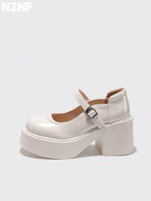 NZNF Women's Solid Color Academy Style PU Shoes With Buckle Strap, Thick Sole And Chunky Heel, Daily Commute Shoes - White - View 2