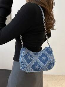 Decorative Buckle Detail Stitching Chain Strap Women's Shoulder Bag Street Fashion Bohemian Bag - Blue - View 2