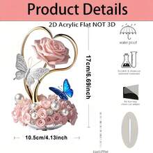 1pc 2D Flat Art Design Decorative Plaque, Acrylic Material With Romantic Rose, Sparkling Butterfly And Pearl Elements-Suitable For Home, Office And Multiple Scenes, Halloween, Christmas And Other Holiday Decorations - A - View 3