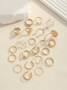 Juego de 23 piezas de anillos apilables vintage dorados, serpiente, perla falsa, ola, geométrico, cadena, anillos mixtos de varias capas para mujeres - Dorado - Ver 4
