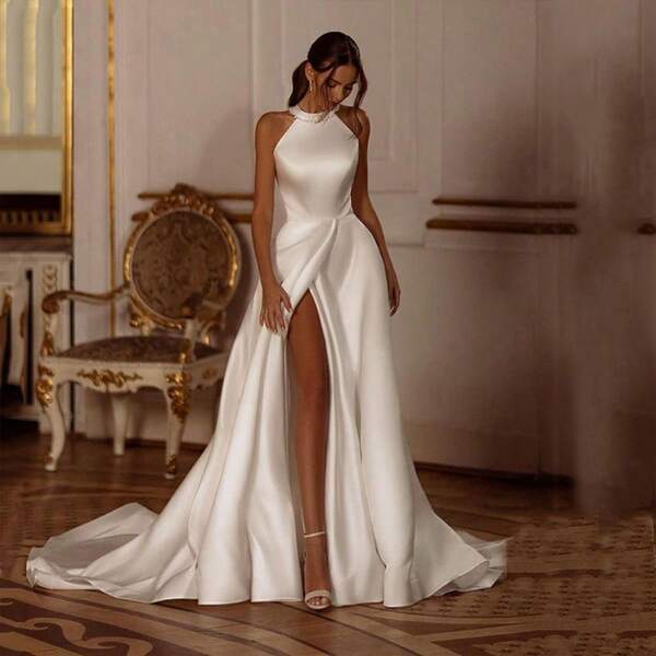 Halter Pearl Trim Neck Cross Draped Ruched High Slit Satin Train Wedding Maxi Gown Minimalist Bride Formal Dress