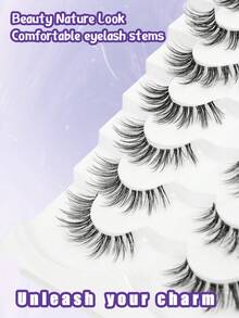 7對天然全開假睫毛，透明睫毛梗，蓬鬆纖細，適合日常使用，漫畫風睫毛，旅行必備 - 黑色 - 查看 5