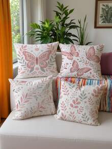 shangxia 4PCS- Bean Paste Pink Gentle Butterfly Branch & Leaf Print Pillowcase, Low Saturation Soft Pink Floral Leaf Heart Pattern Cushion Cover, Living Room French Cream Soft Decor Pillow- (Pillow Insert Not Included) - (Printed) - (No Embroidery) - Multicolor - View 8