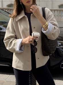 French Single-Breasted Lapel Short Trench Coat, Plaid Color Block Cuffed Sleeve Jacket For Women - Apricot - View 1