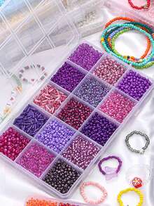 Kit de fabricación de joyas DIY - Caja de 15 compartimentos con cuentas de vidrio de unicolor tipo arroz y tubo para pulseras y collares - Multicolor - Ver 4