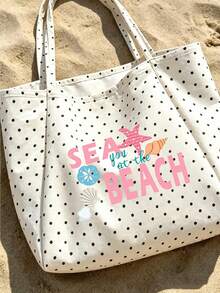 1/2pcs Polka Dots Tote Bag & Makeup Bag, Printed Beach Pattern, Suitable For Vacations, Commuting, Shopping, Gift For Family & Friends. - Multicolor - View 5