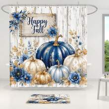 1pc/4pcs Blue White Gold Pumpkin Flower Pattern Multi-Function Bathroom Decor Shower Curtain Set, Free 12 Hooks, Premium Holiday Atmosphere, Bathroom Mat, U-Shaped Rug And Round Toilet Lid Cover, Suitable For All Scenes, Bathroom Set - Pumpkin Flowers - View 6