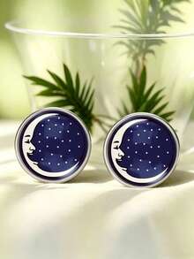 Vintage Aesthetic Moon & Star Stud Earrings, Enamel Round Celestial Starry Sky Earrings, Witchy Astrology Jewelry, Birthday Gift For Women - Silver - View 6