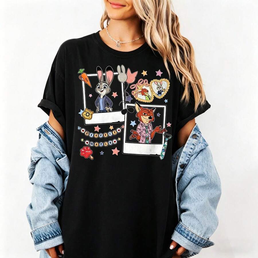 Zootopia Oversized Women's T-Shirt, Nick Wilde & Judy Hopps Graphic Tee, Casual Loose Fit Shirt, Perfect Gift For Disney Fans - 黑色 - 查看 1