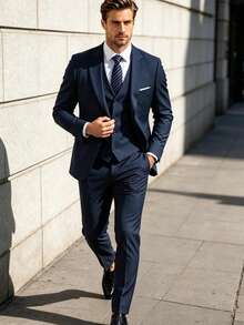 3 PiecesNavy Blue Suit Set For Men, Includes Single-Breasted Jacket + V-Neck Vest + Straight-Leg Pants, Wrinkle-Resistant, Durable, Non-Deforming, Comfortable For Long Wear, Easy Care, Suitable For Business Or Wedding Occasions - Navy Blue - View 1