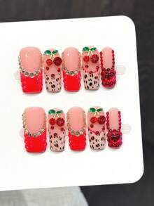 Long Rectangle Fake Nails Cherry Red Leopard Print 10 Pieces Handmade Press On Nails - Red - View 2