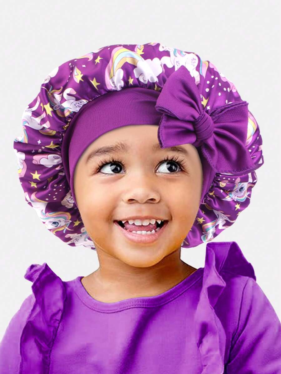 1 pieza Gorro redondo de satén con cinta elástica estampada para niños, adecuado para uso diario - Unicornio de color púrpura intenso - Ver 1
