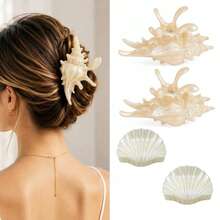 6pcs 6cm Acrylic Shell Hair Claws Set,Hair Claw Barrettes For Women,Solid Color Faux Pearl White Hair Clips,Elegant Vacation Style - Multicolor - View 7